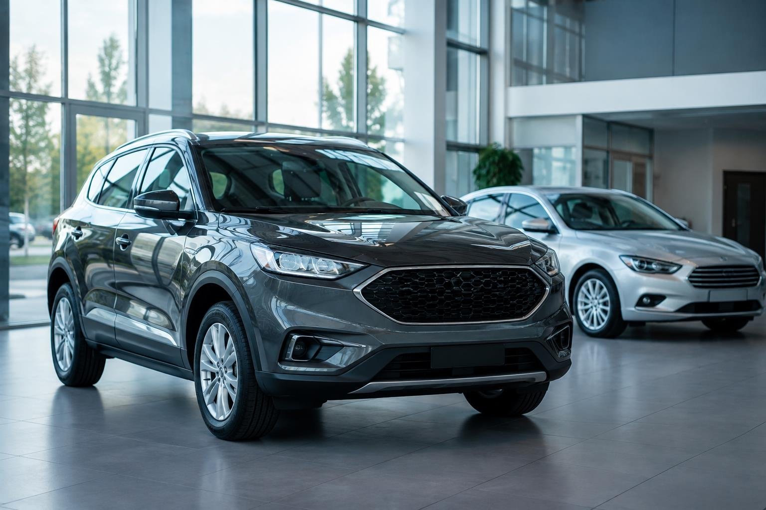Illustrative modern showroom with a graphite SUV and a silver sedan